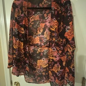 Guess Floral Sheer Tunic in Black with Orange and Purple Print